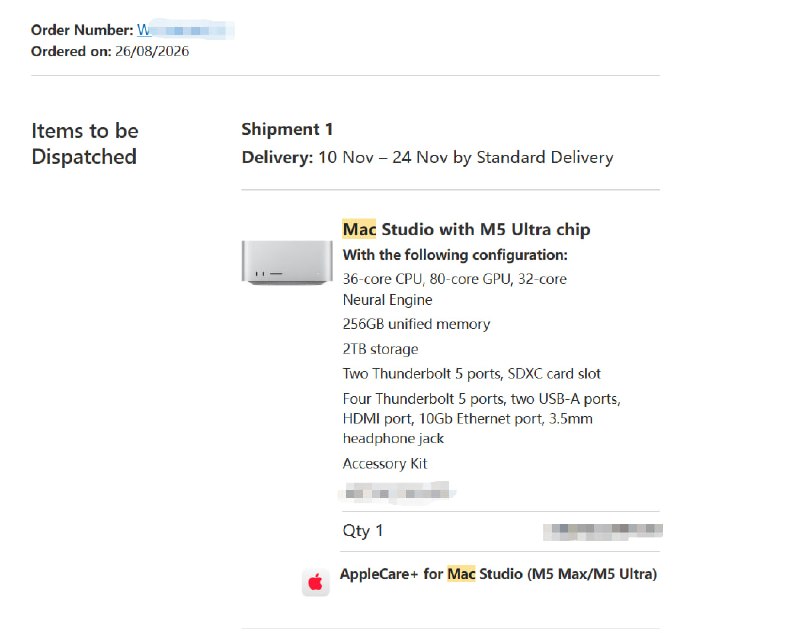 Mac Studio发售第二天才下的单，本来想等512GB版本发售后再入手，但看到256GB的发货排期都在越来越延后，于是乎直接下单了